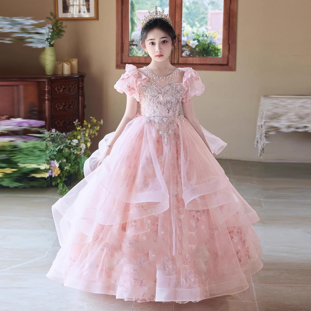 Pink Mori Style Luxury Tulle Princess Dress for Children's Birthday & Piano Performance