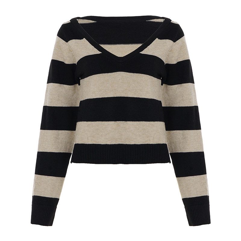 

American Retro Striped Long-Sleeve Slim-Fit V-Neck Knit Top with Color-Blocking Early Autumn Women s Inner T-Shirt Black S