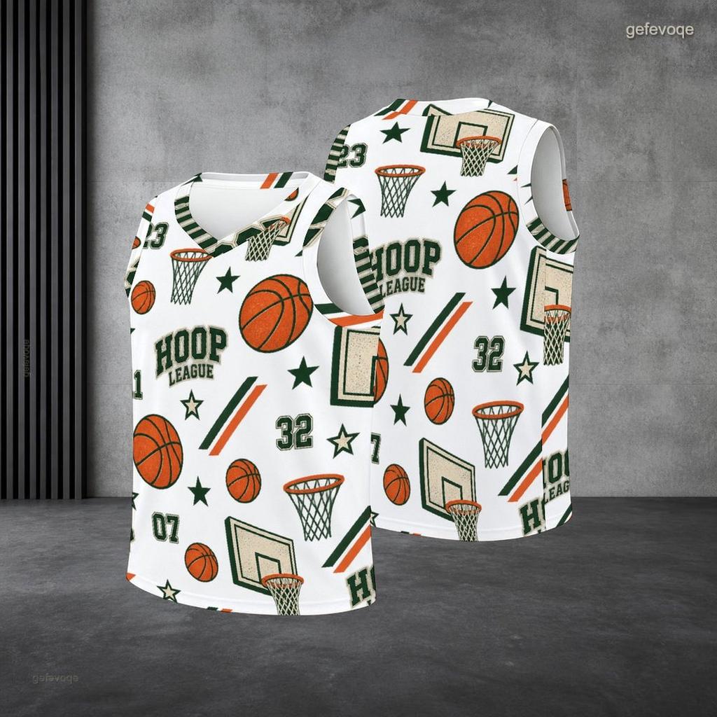 Men Plus Size V Neck Sleeveless Basketball Printed White Tank Top