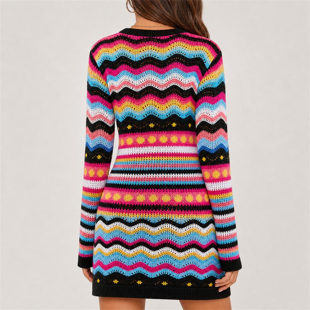Damen Ringel Strick Pullover Pullover, Rundhals Mittellange Tunika für Herbst Winter Freizeitkleidung