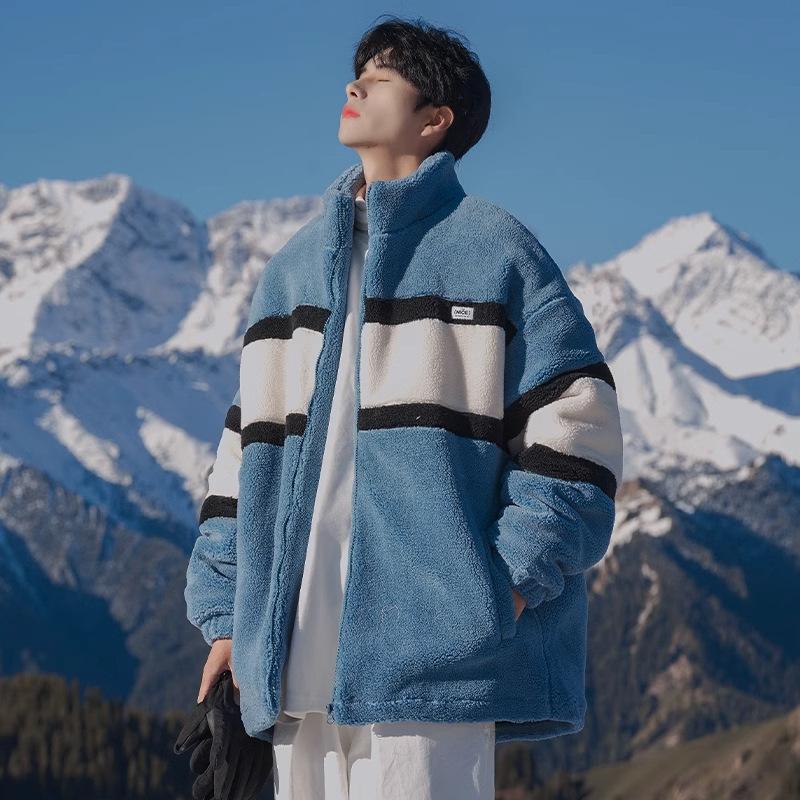 Veste deux pièces Homme Automne et Hiver Nouveau Style Peluche Peluche Épaissie Ample Uniforme de Baseball Vêtement de Travail