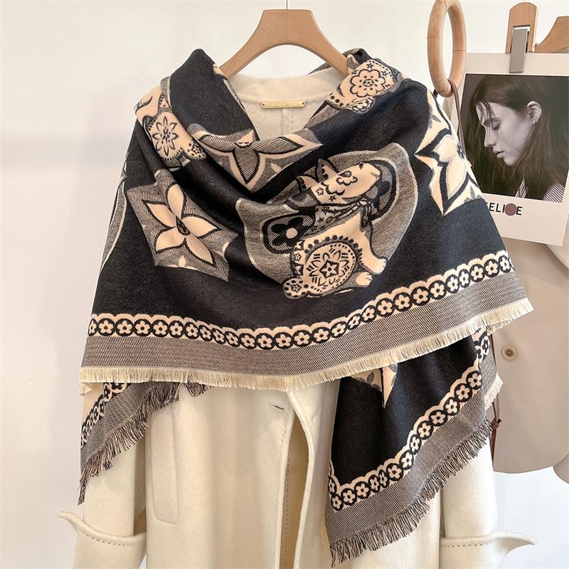 Winter Thick Warm Double Cashmere Scarf Shawl For Women Fashion Lady Long Camellia Temperament Blanket Bandana
