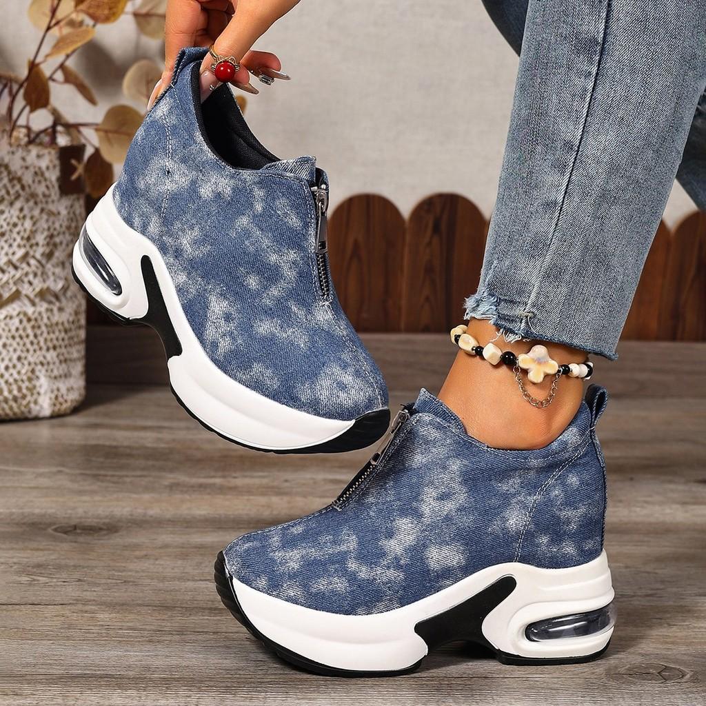 Casual Denim Platform Sneakers With Zipper Closure For Womens Autumn Walks