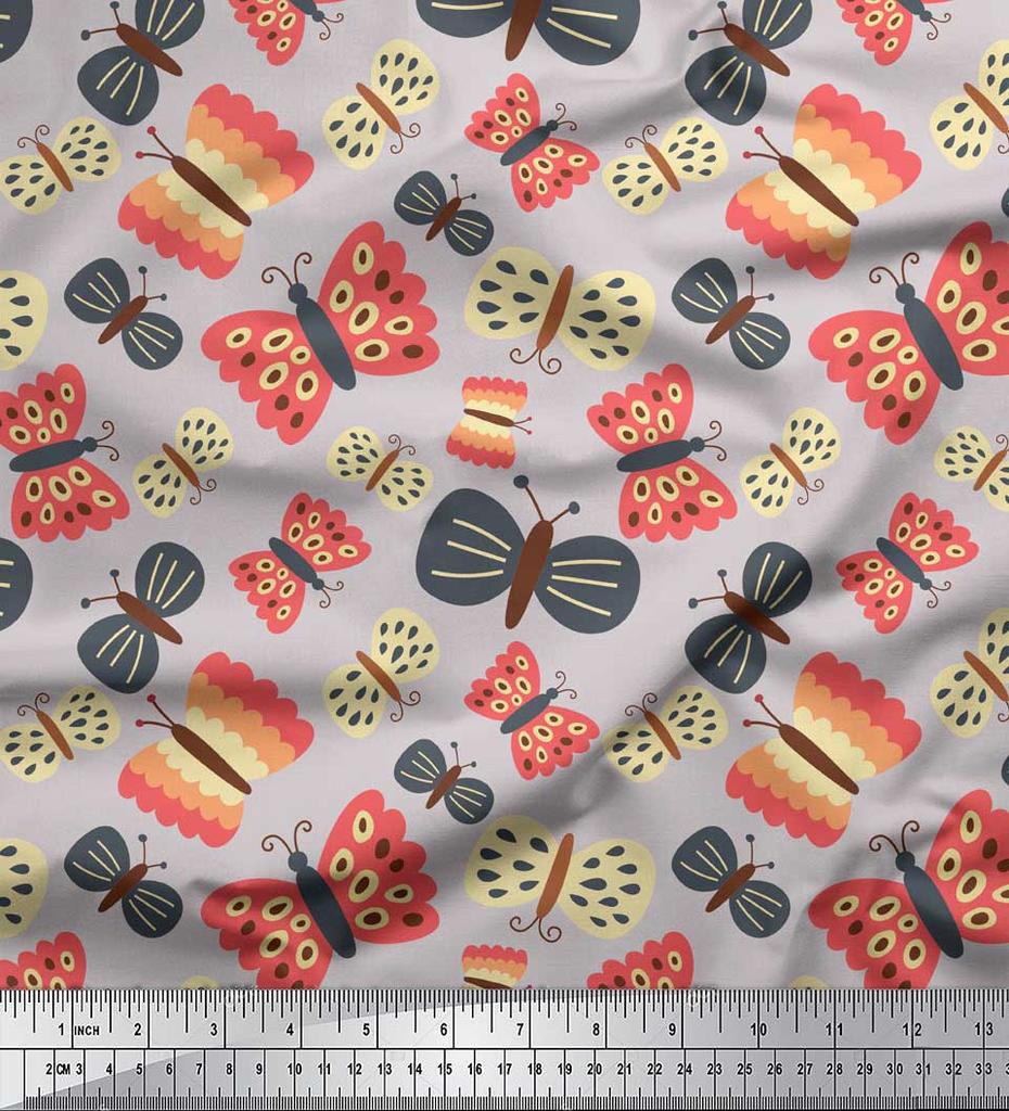 Soimoi Gray Japan Crepe Satin Fabric Butterfly Butterfly Print Fabric by Metre 42 Inch