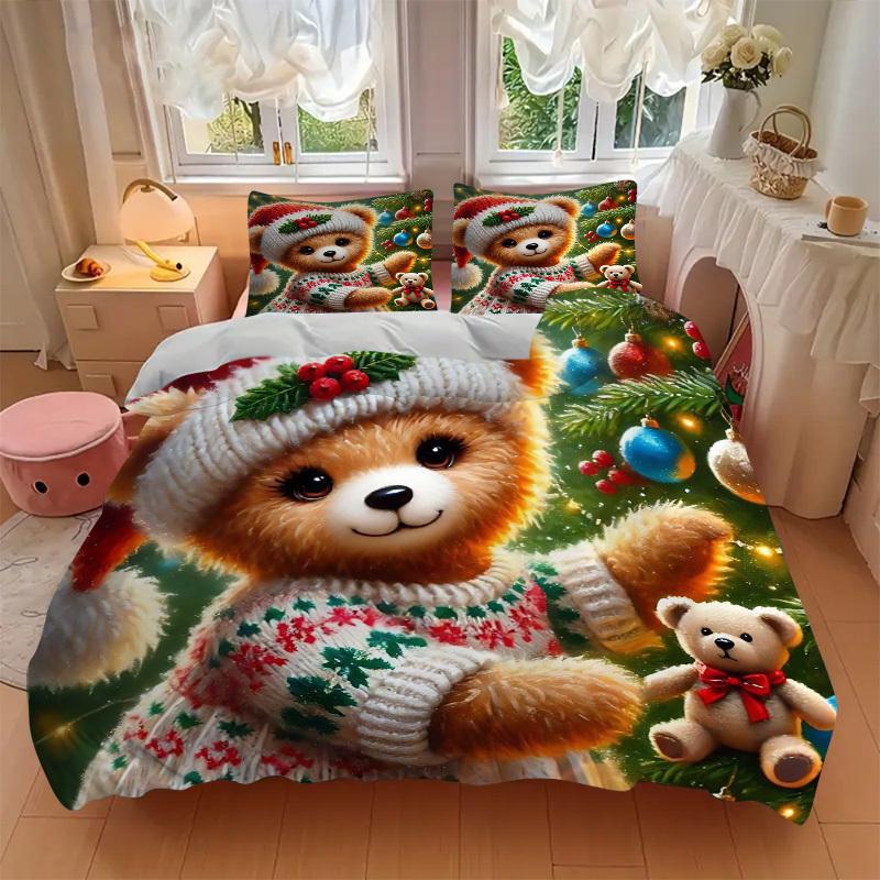 3pcs Christmas Teddy Bear Bedding Set - Includes One Quilt Cover and Two Pillowcases (No Core) - Festive Gift for Bedroom Decor - Polyester