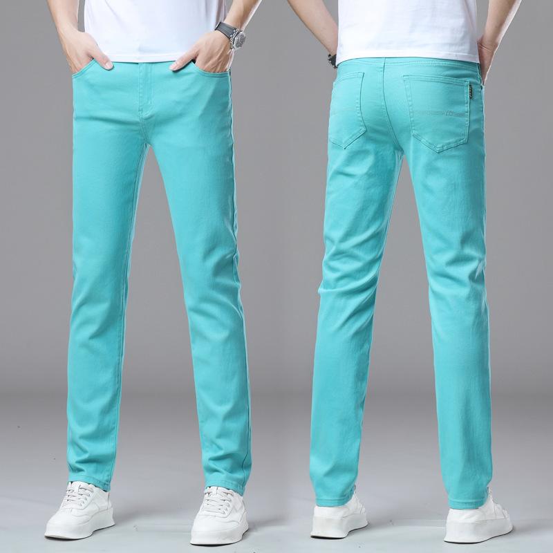 Letní lehké jednobarevné minimalistické pánské džíny Slim-fit rovná nohavice business všestranné travnatě zelené pánské dlouhé kalhoty