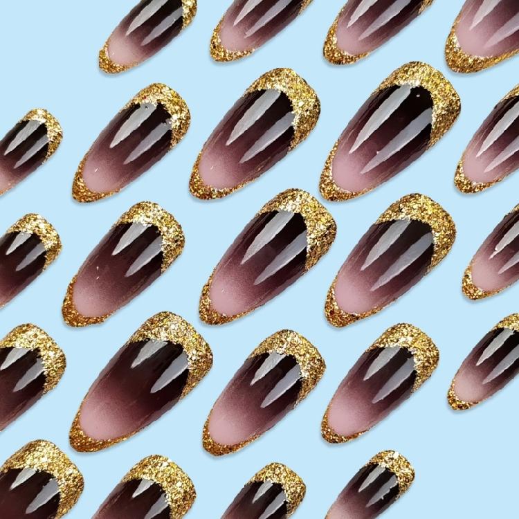 24Pcs Almond Fake Nail Press On Nail Artificial Nail False Nail Glues On Nail Sequins Designs French Nail Tips Gifts