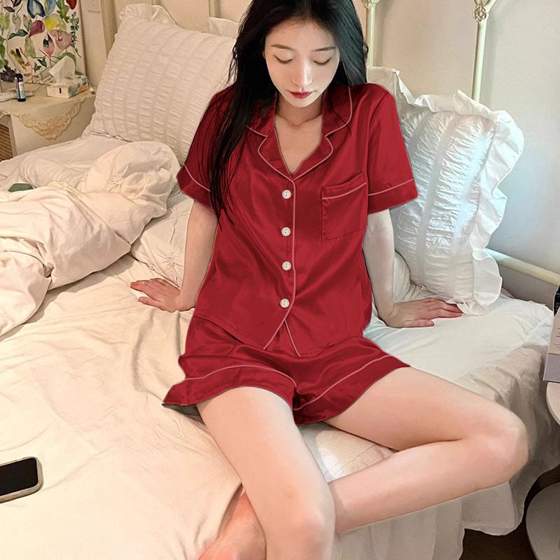 Pajamas Women'S Summer Festive Red High-End Solid Color Ice Silk Short-Sleeved Shorts Loungewear Can Be Worn Outside