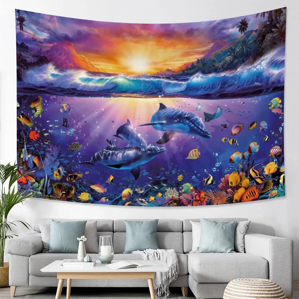 Ocean Dolphin Tapestry Underwater World Tapestry Marine Life Tapestry Wall Hanging For Kids Teen Bedroom Dorm Living Room Decor
