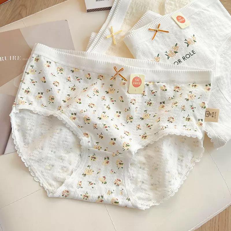 3pcs Cotton Women Flower Printe Panties Adolescent Mid Waist Underwear Girl Fashion Brief Breathable Panty Student Soft Lingerie