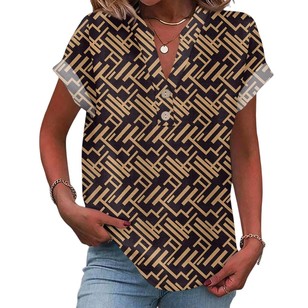 Ladies Casual Fashion V-Neck Button Floral Print Short Sleeve Top