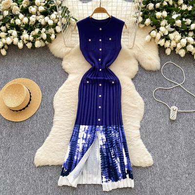 Simple Sleeveless Knitted Dress for Women Featuring A Summer Patchwork Single-breasted Design