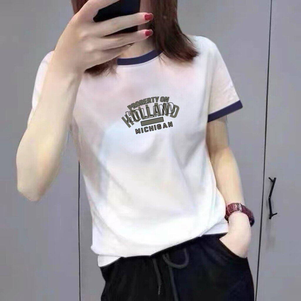 Summer 2026 Women's Color Block Letter Print Slimming Tee - Short Sleeve Round Neck Top
