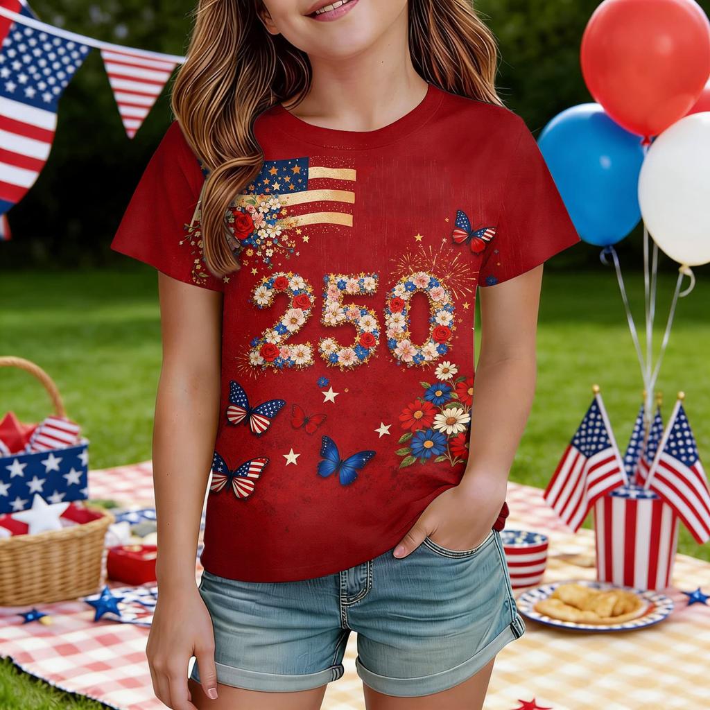 Kids Independence Day Print Round Neck Short Sleeve Casual T-shirt