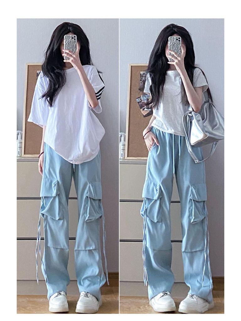 Women's Pink High-Waist Parachute Overalls - Quick-Drying, Wide-Leg, Casual American Sports Pants for Spring, Summer, and Autumn