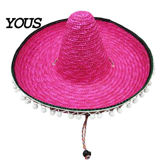 Outdoor Travel Hat Mexican Sombrero with Colorful Poms, Hawaiian Style Woven Straw Sun Hat, Wide Brim Lightweight Festival Party Costume