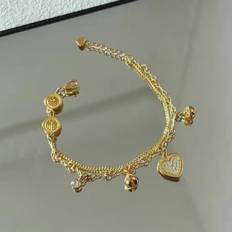 Double Layer Chain Gold Love Heart Zircon Pendants Bracelet Charm Vintage Valentine's Day Jewelry Gifts for Women Lovers