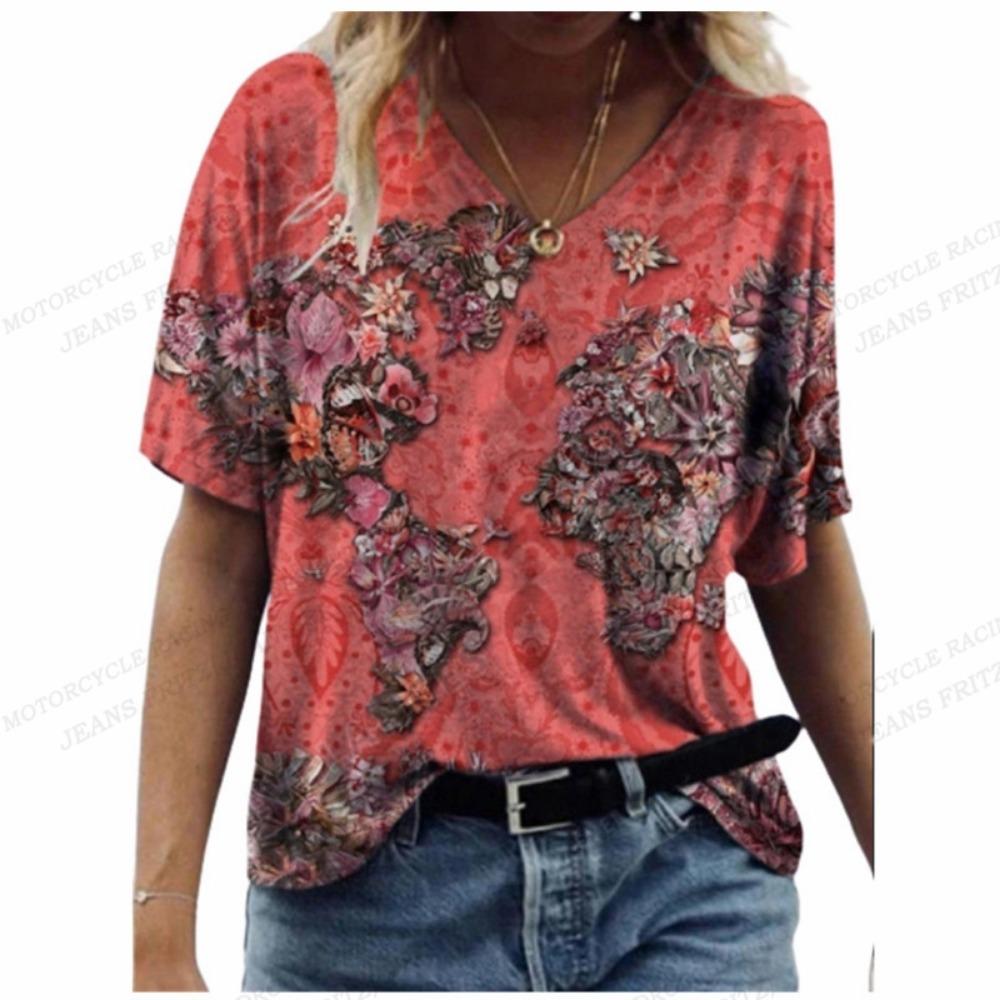 Women's T Shirt Map 3d Print T-shirt Women Fashion V-Neck T-shirts Short Sleeve Tops Tees Loose Tshirt Luxury Tshirt Casual