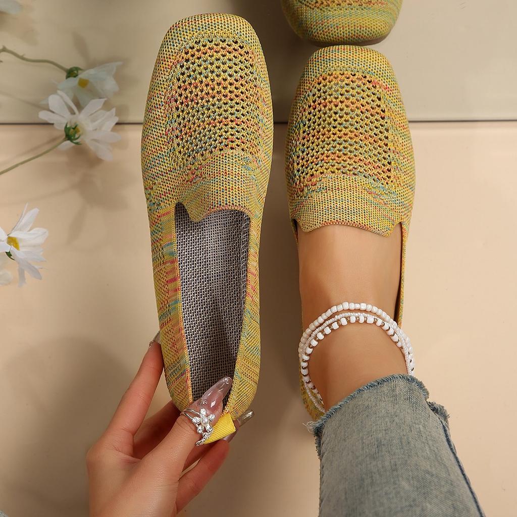 New Small Square Head Flat Bottom Knitted Casual Single Shoes Women's Large Size Shallow Mouth Fly Knitting Lazy Shoes One Pedal