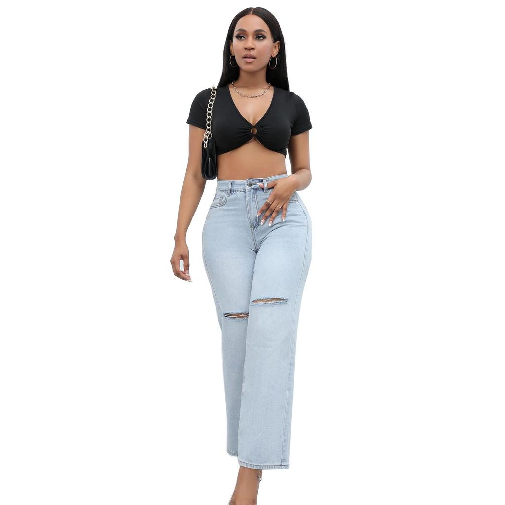 2023 Trendy European & American Ripped Bell Bottom Mid-Waist Loose Denim Pants for Women