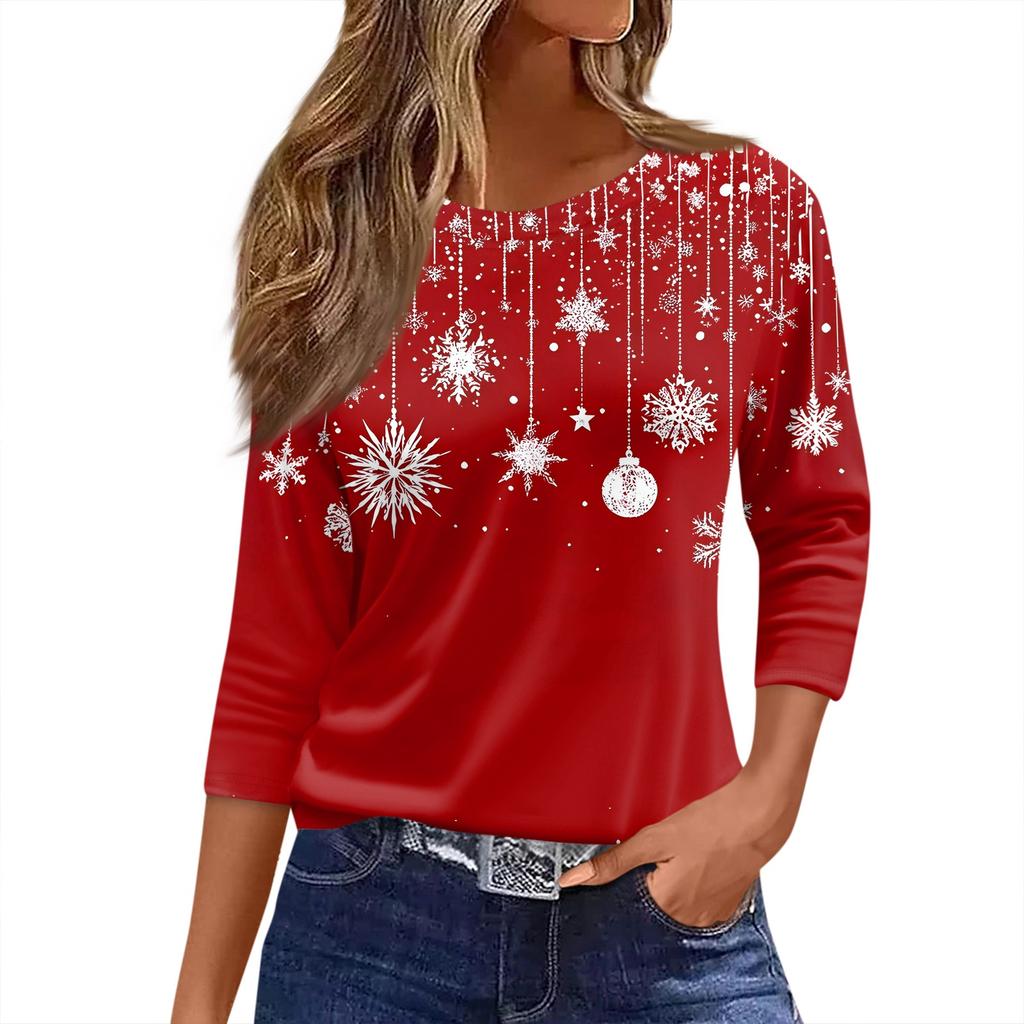 Women's T Shirt Christmas Print 3/4 Sleeve Daily Weekend Fashion Basic Round Neck Regular Top
