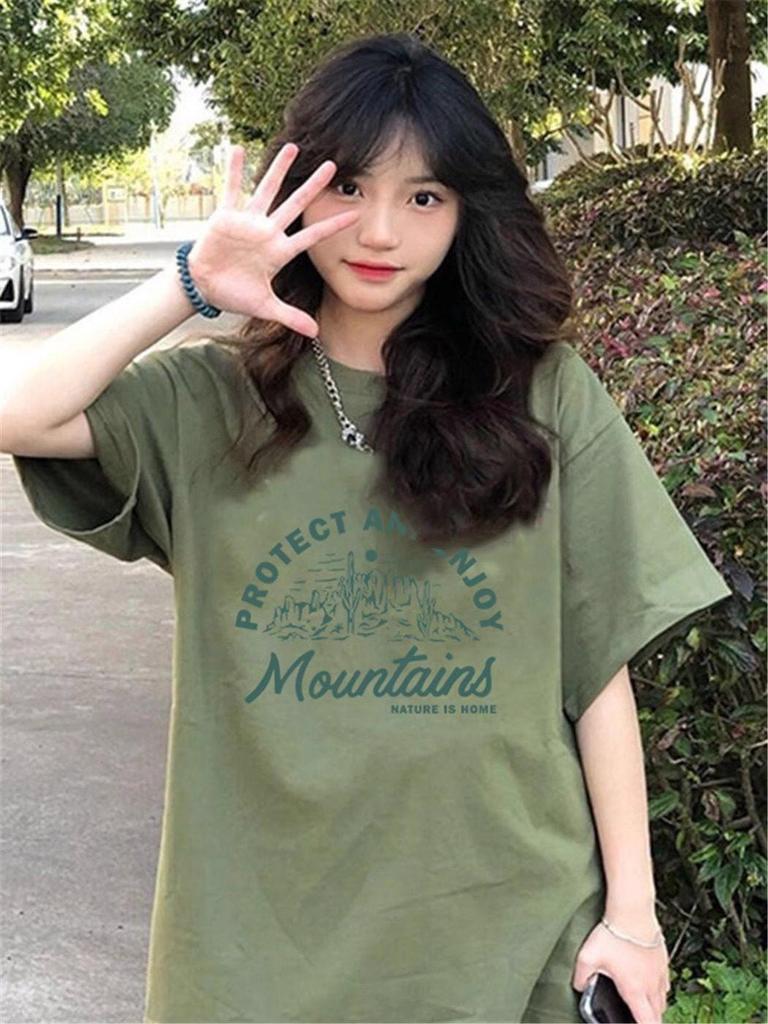 Unisex Plus Size Avocado Green Cotton Short Sleeve Korean Style Loose T-Shirt