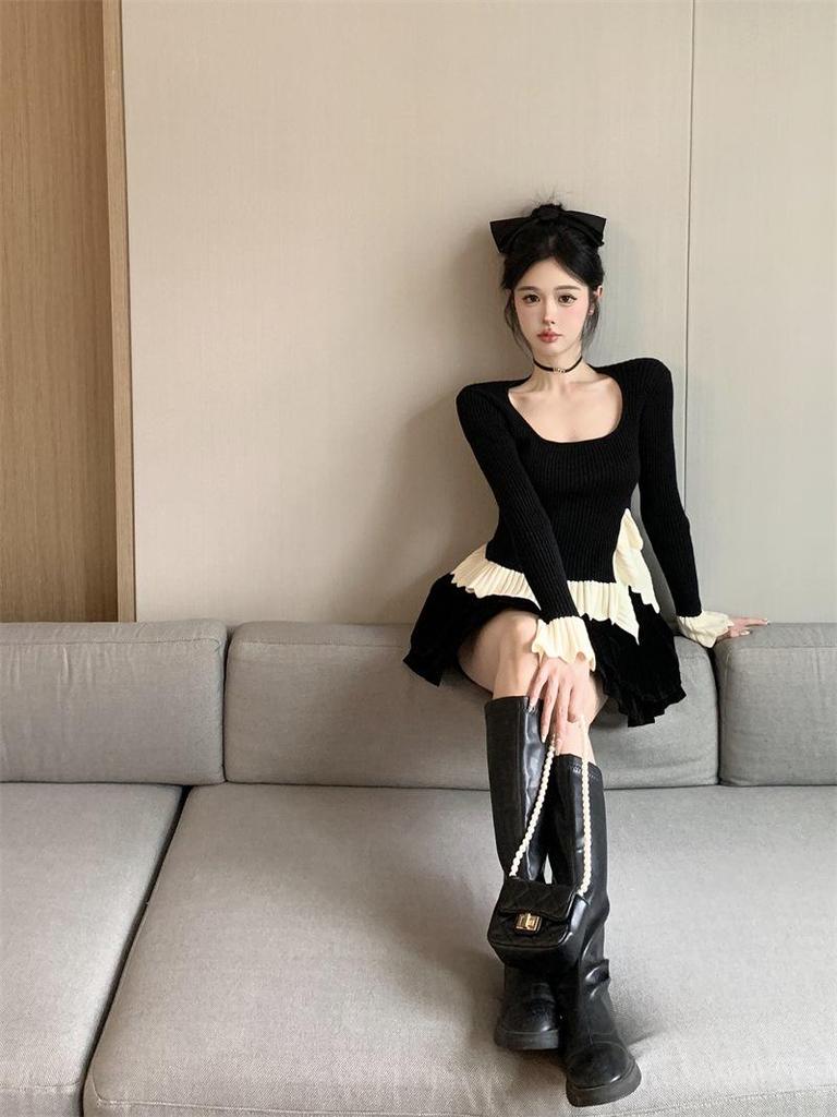 Square Neck Long Sleeve Knit Top for Plus Size Women - Early Spring Irregular Ruffle Chic Shirt