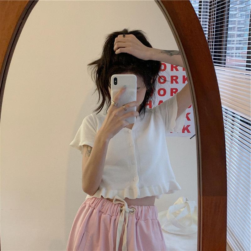 Letní krajkový krátký pletený svetr s výstřihem do V, dámská slim sto krátký kardigan s krátkým rukávem, topy, ležérní základní pohodlný styl, slim fit pulovry, trička