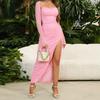 Mesh long-sleeved dress, European and American sexy high-split halter neck pleated long dress