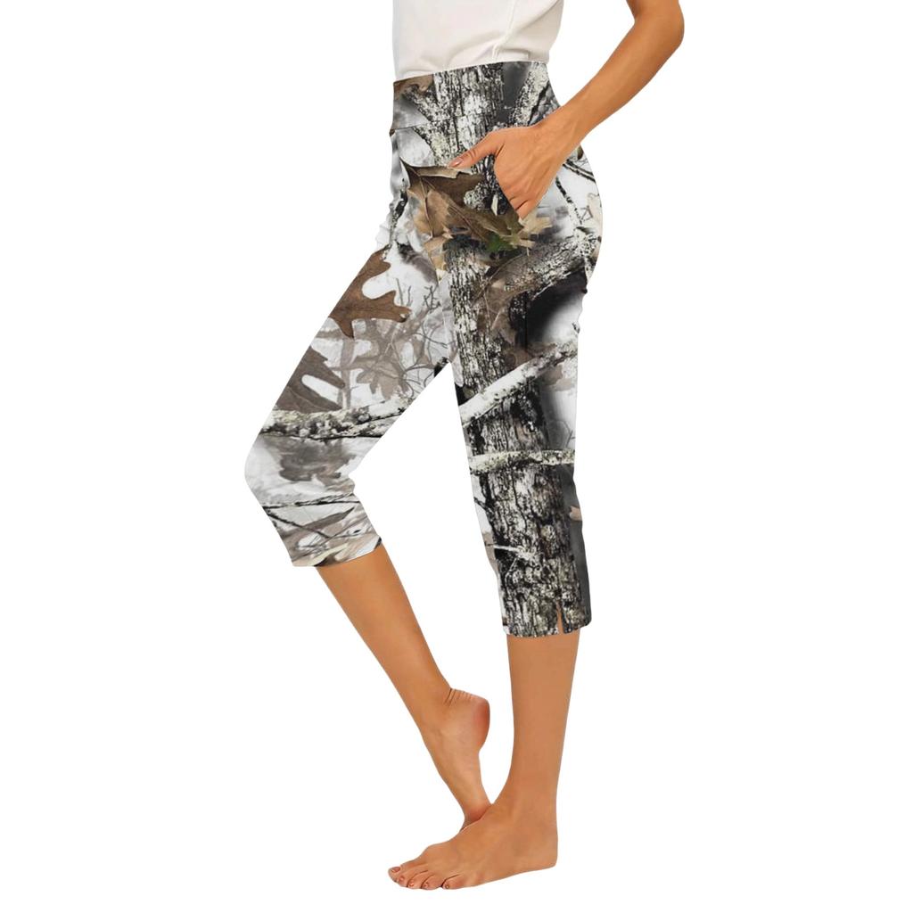 Women's Elastic Waist Casual Capri Pants Slim Fit with Pockets and Side Slits Stretchy Lightweight Bottoms for Everyday Wear