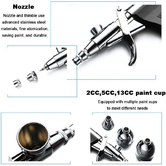 Double Action Airbrush Kit, Trigger Air Brush Spray Gun with 0.3, 0.2, 0.5mm Needles, 3 Sets Nozzles, Air Cap, 2cc/5cc/13cc Paint Cup, Air Hose, for