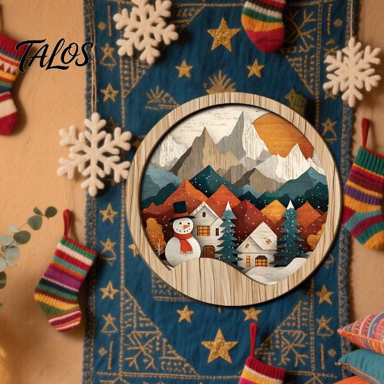 Seasonal Festive Wall Hanging Boho Wooden Decor, Christmas Winter Landscape Round Sign, Rustic Vintage Decor Aesthetic Art Ornament for Living