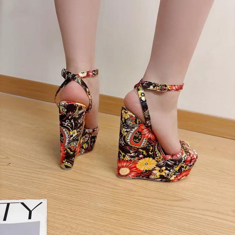 Fashion 16CM Wedges High Heels Sandals Women Open Toe Platform Butterfly Decoration Narrow Band Printed Ankle Buckle Strap Banquet Shoe