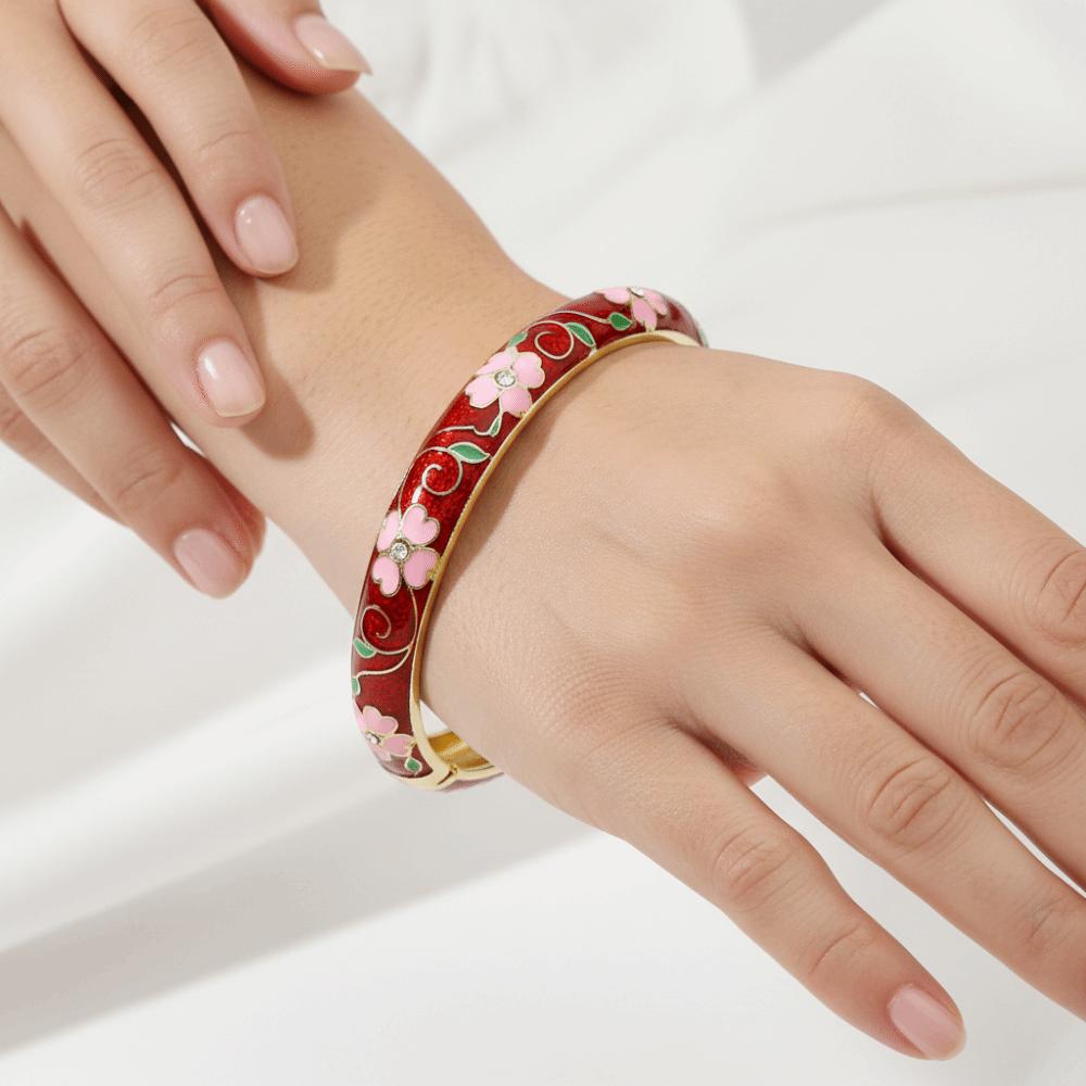 Enamel Chinese Flower Bangle Cherry Blossom Women's Hand Bracelet Jewelry Gifts