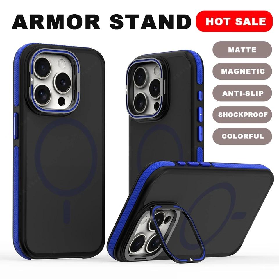 Bicolor Magnetic Camera Lens Stand Phone Case For iPhone 15 14 16 Plus 11 12 13 16 Pro Max Matte Magsafe Protector Hard Cover