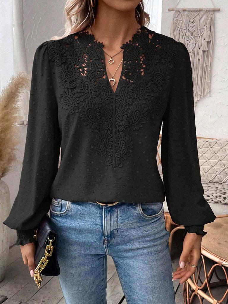 2025 Women's Fashion Lace V-Neck Long Sleeve Blouse