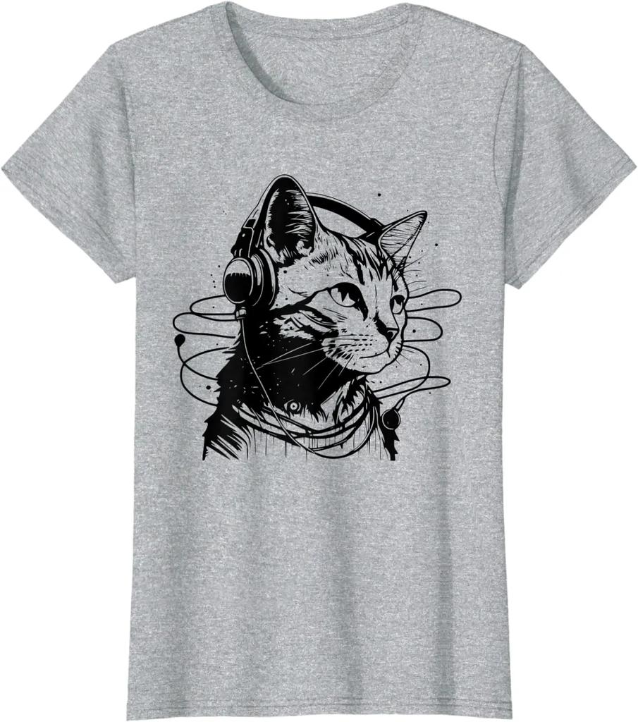 Cat In Headphones Funny Cat Vintage Funny Cat Tshirt Graphic T Shirts Oversized T Shirt Cotton Four Seasons Daily Tees Casual