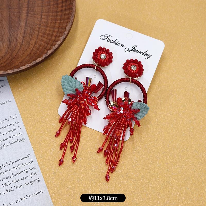 Bohemian Crystal Fringed Flower Large Circle Stud Earrings Women's Long Temperament Vacation Earrings Retro Earrings