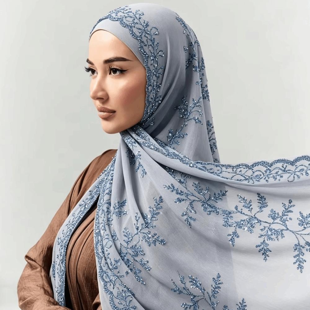 Flowy Sequin Floral Hijab Sparkly Sequin Embroidered Hijab Lace Edge Shawl Wedding Occasion