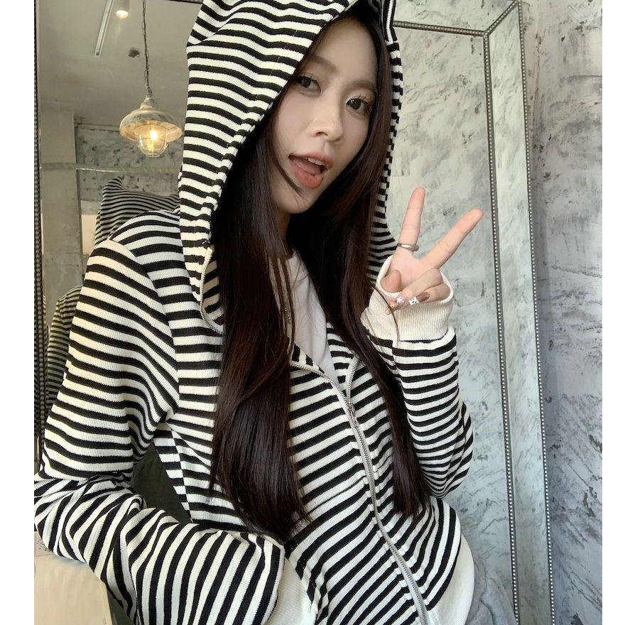

Women s Little Devil Stripe Patchwork Hooded Zipper Cardigan - Spring Color Block Slim Fit Sweatshirt XL