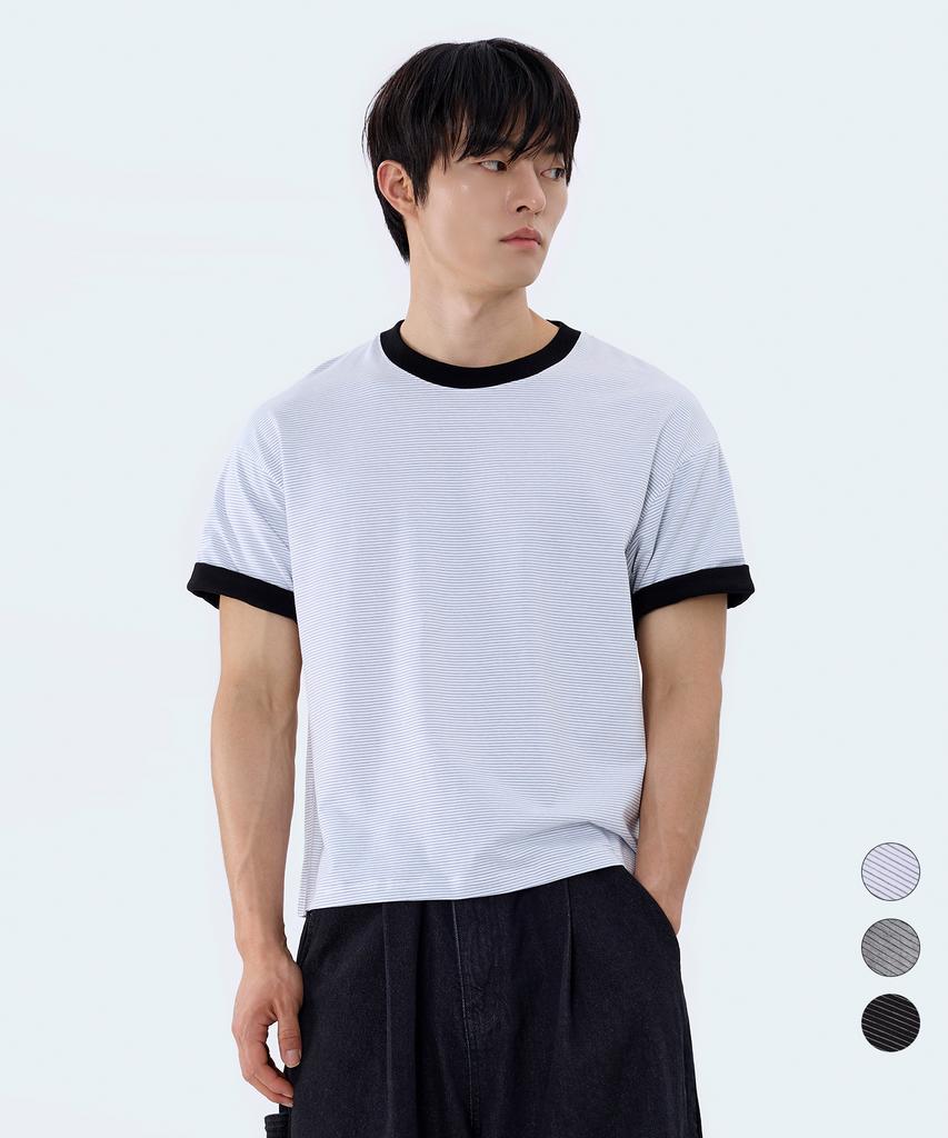 Yosemiti Striped Color Block Roll-Up Ringer Crop Short Sleeve Tee 3 Colors Yt-3Y27
