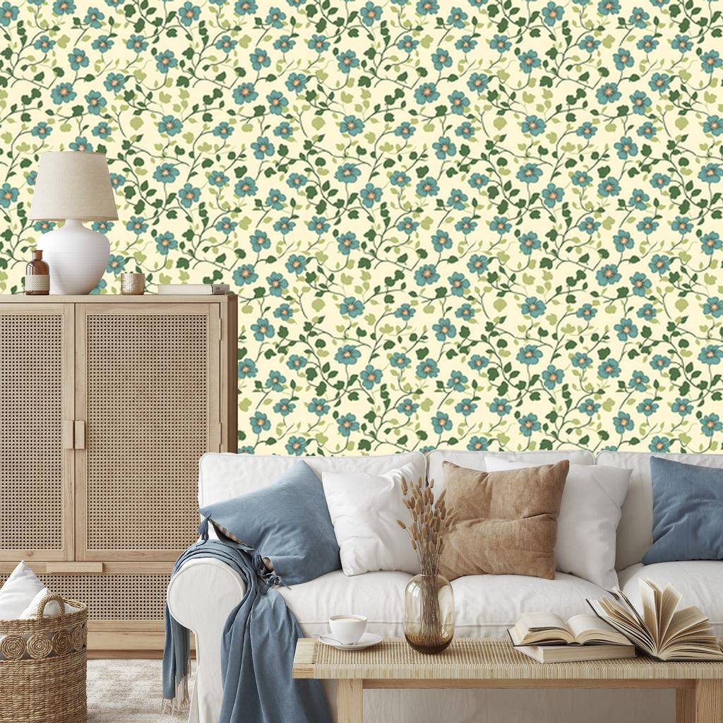 Wallpaper Cottagecore Flowers Cream, Beige and Lime 50x1000