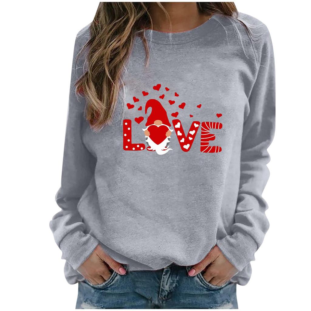 Fashion Womens Loose Valentine's Day Print Round Neck Long Sleeve Sweater Top