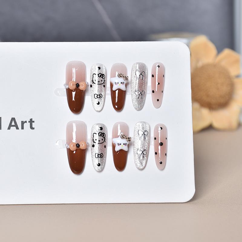 Handmade Medium-Long Cute Cat Cartoon Nail Stickers - Reusable False Nail Tips