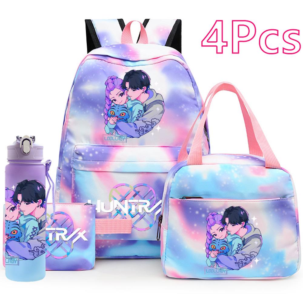 4Pcs/set Anime K-Pop Printed Backpack Handbag Pencil Case with 750Ml Water Bottler for Teenager Boy Girl Schoolbag Large Capacity Waterproof Bookbag