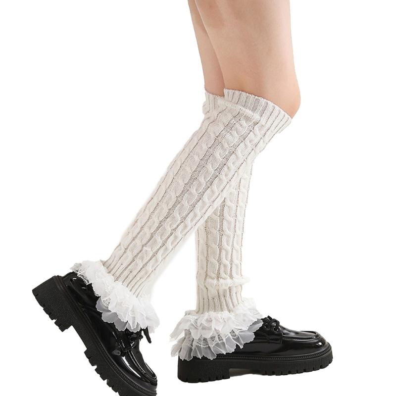 Cable Knit Leg Warmers Knee Length Socks Japanese Women Sweet Layered Ruffled Lace Trim Boot Cuffs Leg Covers Stockings