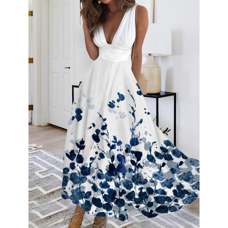 YYFS Women's Fashion Summer Spring Flower Pattern Print Sleeveless V-Neck Casual Dresses