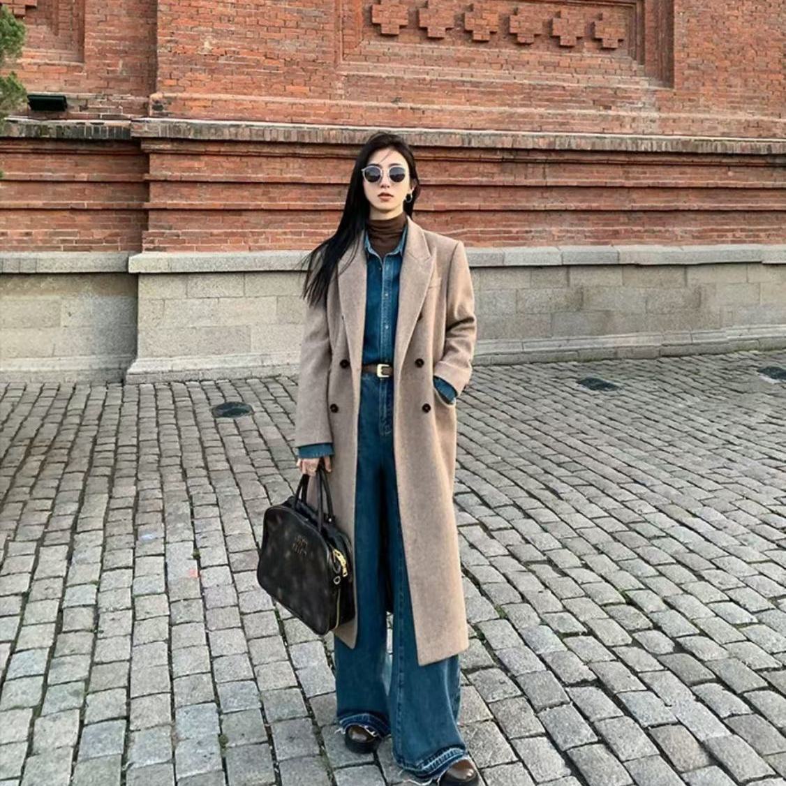 

Зимнее свободное утолщенное шерстяное пальто в елочку, женское элегантное свободное хлопковое утепленное приталенное твидовое пальто L кофейный