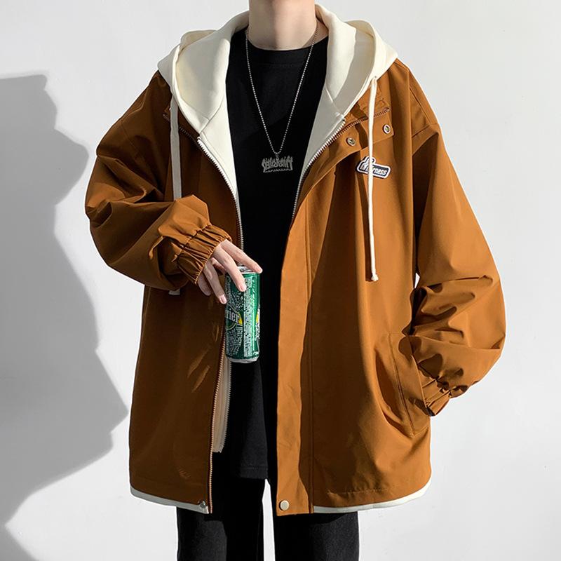 

2025 hooded jacket men s fake two Hong Kong style jacket teen trendy ins top spring and autumn personalized cardigan 3XL 180-100kg or so