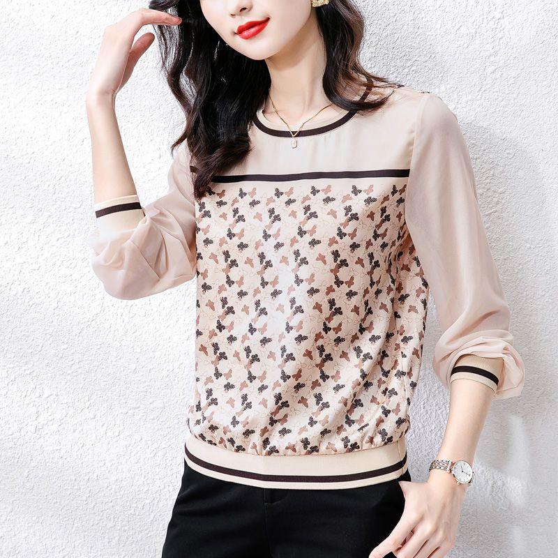 Vintage Butterfly Printed Spliced T-shirt Spring Autumn Long Sleeve Commute Female Clothing Round Neck Korean Loose Pullovers